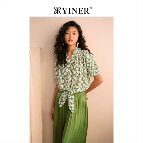 YINER音儿女装夏季法式优雅木耳花边桑蚕丝衬衫系带上衣图片