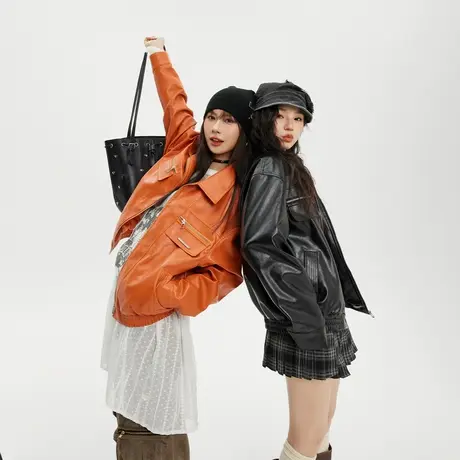 美式复古皮衣外套女春季2024新款街头潮牌PU皮夹克宽松情侣装上衣图片