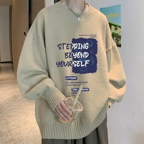 学生圆领毛衣男士春秋大码外套冬季加绒加厚打底衫线衣情侣针织衫商品大图