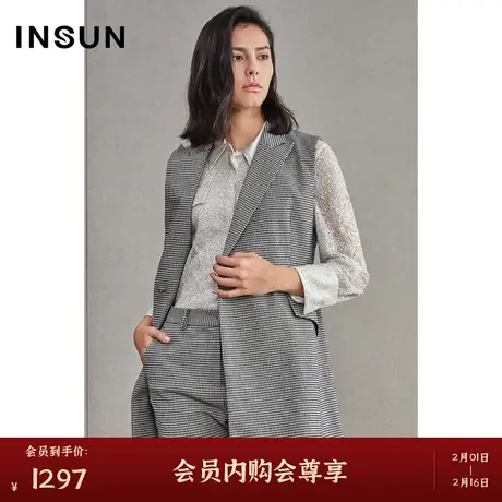 INSUN恩裳春季双排扣格子中长款马甲商品大图