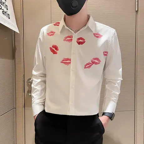 春秋季时尚休闲唇印爱心设计感长袖衬衫网红潮牌网红个性夜店衬衣商品大图