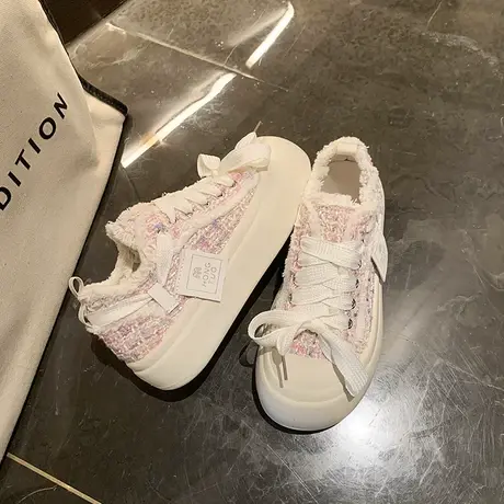 小香风小白鞋女高级感百搭厚底大头面包鞋2024春季新款帆布鞋板鞋图片