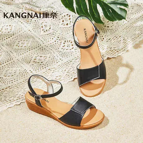 康奈真皮女鞋2024夏季新款坡跟一字带厚底中跟舒适软底妈妈鞋凉鞋商品大图