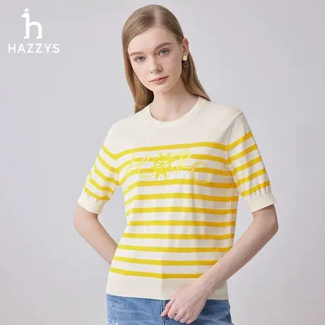 【商场同款】Hazzys哈吉斯条纹圆领短袖图案针织衫女士新款毛衣图片