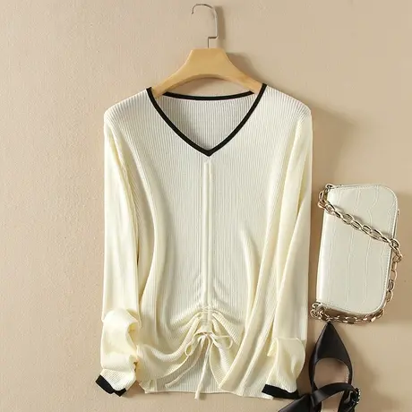 美丽诺羊毛春装2024新款毛衣女宽松套头抽绳针织打底衫女内搭上衣图片