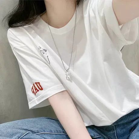 白色纯棉短袖T恤女夏装2024新款小众设计感大版宽松半袖小熊上衣商品大图