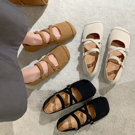 交叉带浅口单鞋复古文艺软底鞋森系学院风女鞋丑萌一字带玛丽珍鞋图片