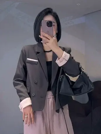 新中式复古盘扣短款小西装女今年春季流行拼接西服国风小个子外套商品大图