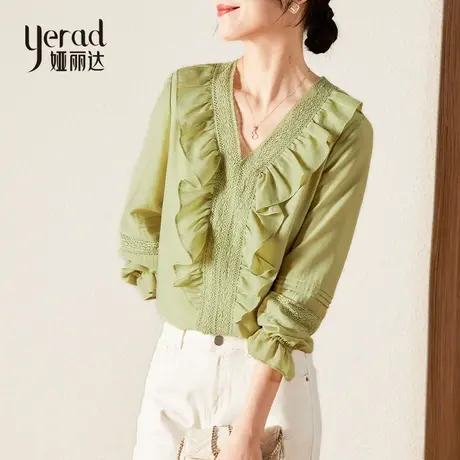 娅丽达V领衬衫女春装2024年新款醋酸木耳边灯笼袖上衣白色雪纺衫商品大图