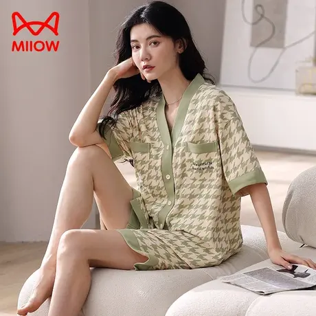 猫人睡衣女士夏纯棉套装2023新款家居服可外穿短袖短裤起居服女款商品大图