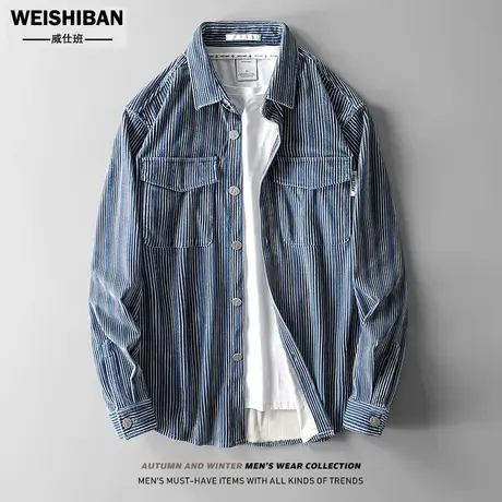 日系复古工装灯芯绒长袖衬衣型外套春秋季粗纹宽松垂感痞帅衬衫男图片