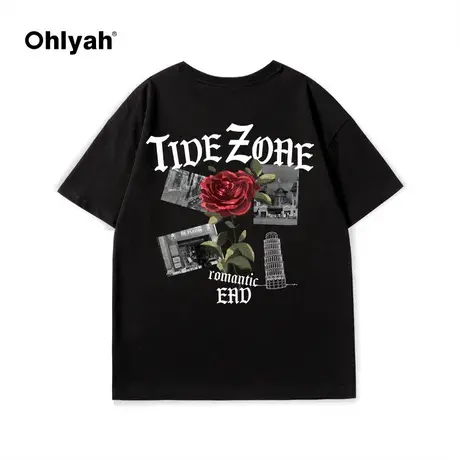 Ohlyah潮牌大码品牌夏季风景玫瑰花卉短袖T恤男女款情侣宽松半袖商品大图