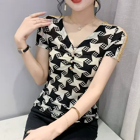 性感V领网纱T恤女短袖千鸟格洋气上衣2023夏季新款钉珠紧身小衫潮商品大图