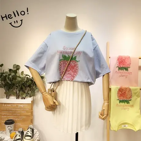 2020夏季女新款韩国东大门ins甜美水钻钉珠短袖T恤欧洲站小衫大码商品大图
