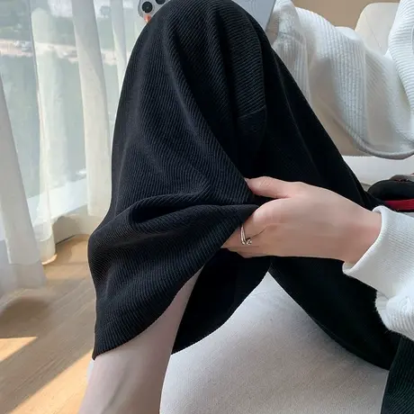 黑色雪尼尔阔腿裤女2023年春秋新款高腰直筒宽松显瘦休闲条绒裤子商品大图