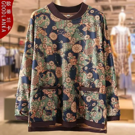 中老年胖妈妈秋装打底衫上衣200斤大码宽松中长款印花针织长袖T恤商品大图