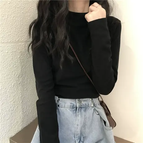 半高领打底衫女秋季2023新款内搭显瘦白色长袖T恤小众别致上衣服商品大图