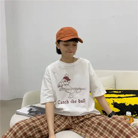 卡通趣味纯棉短袖T恤女2023夏季新款港味ins潮原宿风宽松休闲上衣图片