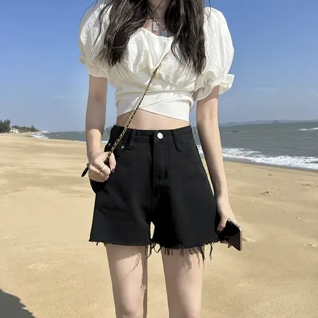 高腰牛仔短裤女2023年新款夏季薄款黑色宽松阔腿a字辣妹超短热裤商品大图