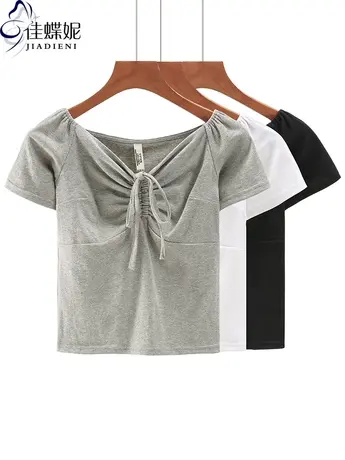 夏季新款韩版一字领修身纯棉纯色抽绳短款短袖上衣内搭女打底T恤图片