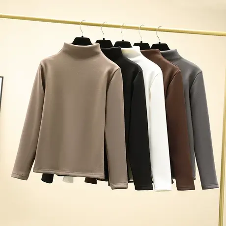 半高领德绒打底衫女秋冬港风chic长袖T恤加绒加厚洋气内搭上衣潮商品大图