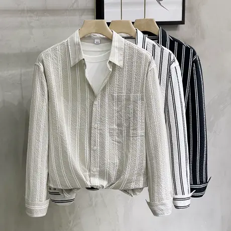 休闲衬衫男高级感日系条纹提花潮流男装春秋上衣薄款男士衬衣长袖图片