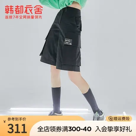 韩都衣舍夏季新款女装工装风黑色高腰五分休闲裤商品大图