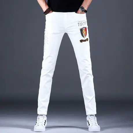 男士刺绣印花高端白色牛仔裤男秋季男款2023新款修身小脚潮牌百搭商品大图