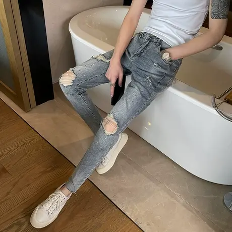 春夏款膝盖破洞裤2022青少年潮牌弹力乞丐裤男韩版修身小脚裤2022商品大图