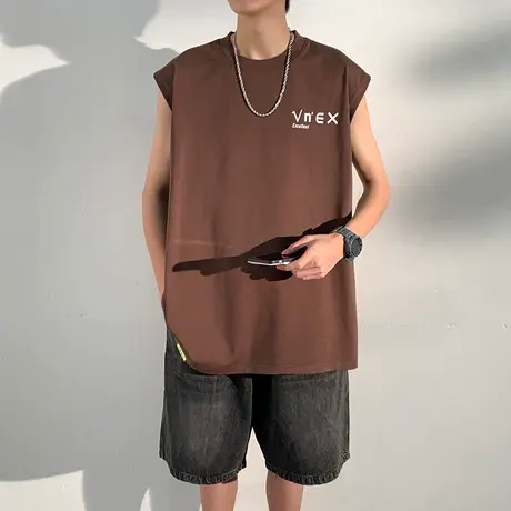 夏季咖色纯棉圆领背心男生青少年学生夏天无袖t恤男士上衣服外穿商品大图