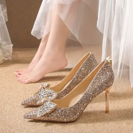 法式水晶婚鞋秀禾婚纱两穿2023新款新娘鞋女婚礼高跟鞋小众高级感图片