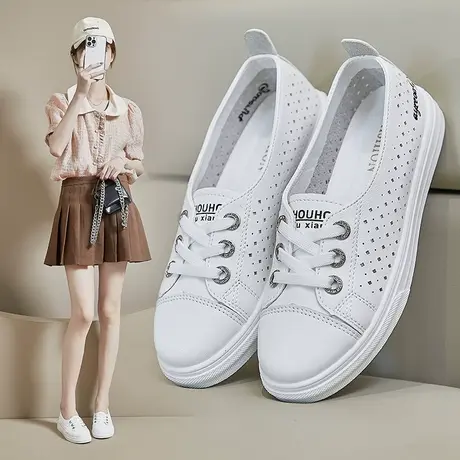 透气镂空小白鞋女夏季浅口单鞋2023新款显瘦真皮休闲鞋子网红百搭商品大图