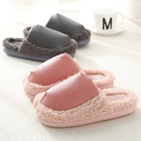 皮面棉拖鞋女冬情侣冬季保暖室内家用家居防滑秋冬防水男皮拖男士图片