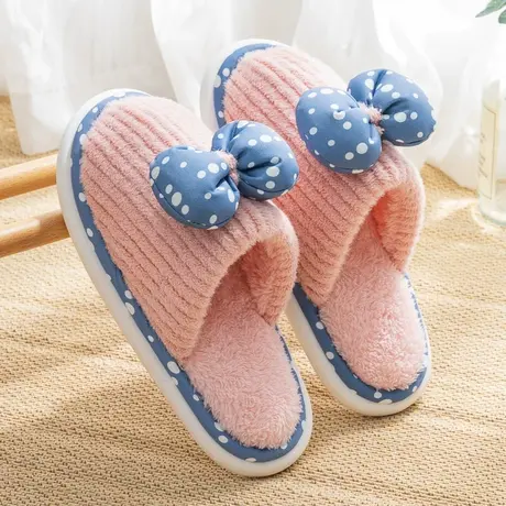 可爱波点蝴蝶结棉拖鞋女秋冬季居家室内防滑软底包头保暖毛绒拖鞋商品大图