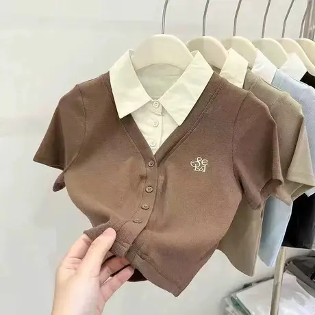 大码假两件衬衫女装胖mm夏季新款短款小众设计感显瘦上衣潮200斤商品大图