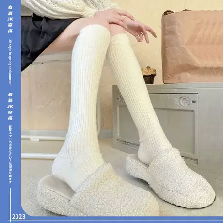 袜子女冬季米白色小腿袜女加厚保暖中筒袜堆堆袜日系ins潮长袜子商品大图