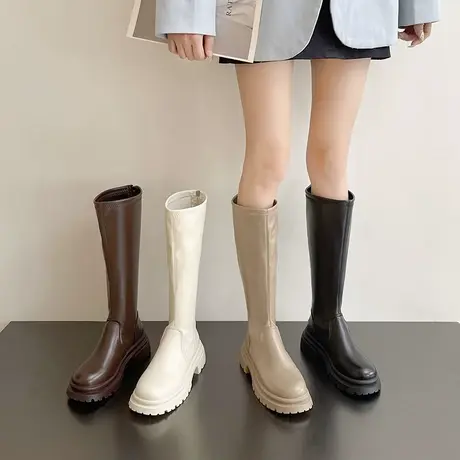 长筒靴女2023年新款秋季高筒瘦瘦靴粗跟时尚复古ins配裙子骑士靴图片