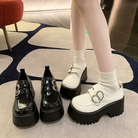 乐福鞋女2024春夏新款百搭小个子单鞋小众高跟厚底增高英伦小皮鞋图片