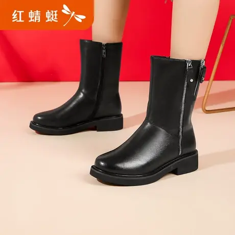 红蜻蜓女靴2021年秋冬季中筒靴粗跟中跟真皮女棉鞋保暖加绒棉靴子图片