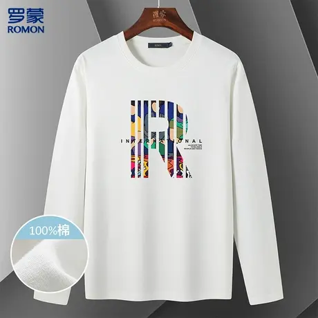 罗蒙时尚潮流印花t恤男长袖打底衫男春季百搭男式T恤长袖男体恤图片