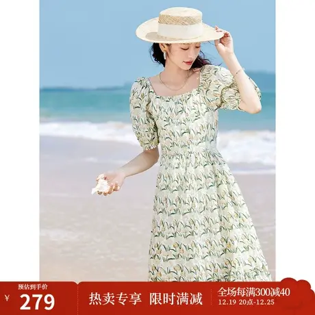 茵曼法式浪漫连衣裙2023夏女装新款松紧方领灯笼袖碎花盐缩裙子商品大图
