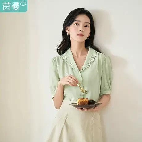 茵曼减龄清新衬衫2023夏女装新款绣花青果领泡泡袖显瘦小衫上衣商品大图