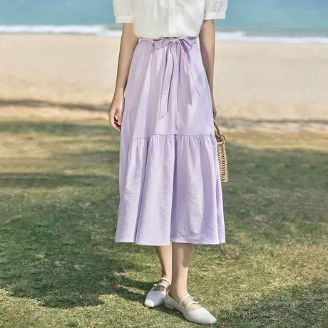 茵曼文艺清新半身裙2023夏女装新款松紧腰绑带拼接A型宽松裙子商品大图
