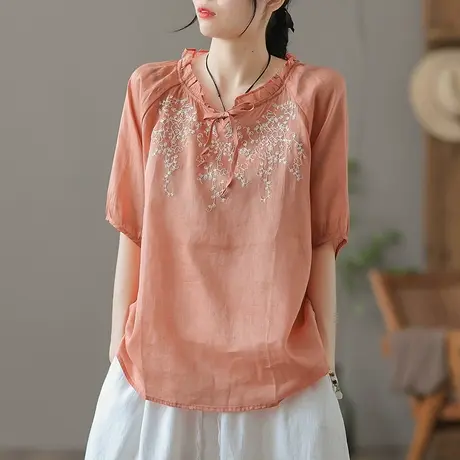dza 复古刺绣棉麻上衣女士夏季薄款短袖衬衫宽松休闲短款苎麻衬衣商品大图