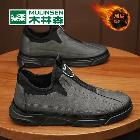 木林森鞋子男2023新款冬季加绒保暖棉鞋一脚蹬皮鞋男休闲豆豆板鞋商品大图