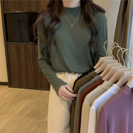 德绒半高领打底衫女春秋冬新款卫衣叠穿内搭长袖T恤加绒保暖上衣图片