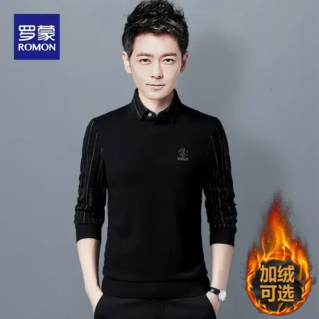 罗蒙长袖T恤男士假两件休闲卫衣男装秋冬衬衫领上衣男加绒打底衫图片