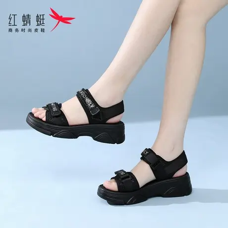 红蜻蜓女鞋黑色厚底女士运动休闲沙滩鞋凉鞋女款2025新款外穿夏天图片
