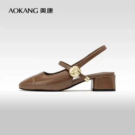 奥康女鞋 2024夏季新款粗跟复古玛丽珍单鞋后空韩系百搭包头凉鞋图片