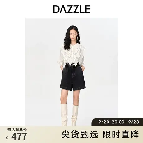 DAZZLE地素奥莱 春季高腰复古黑色做旧牛仔短裤女商品大图